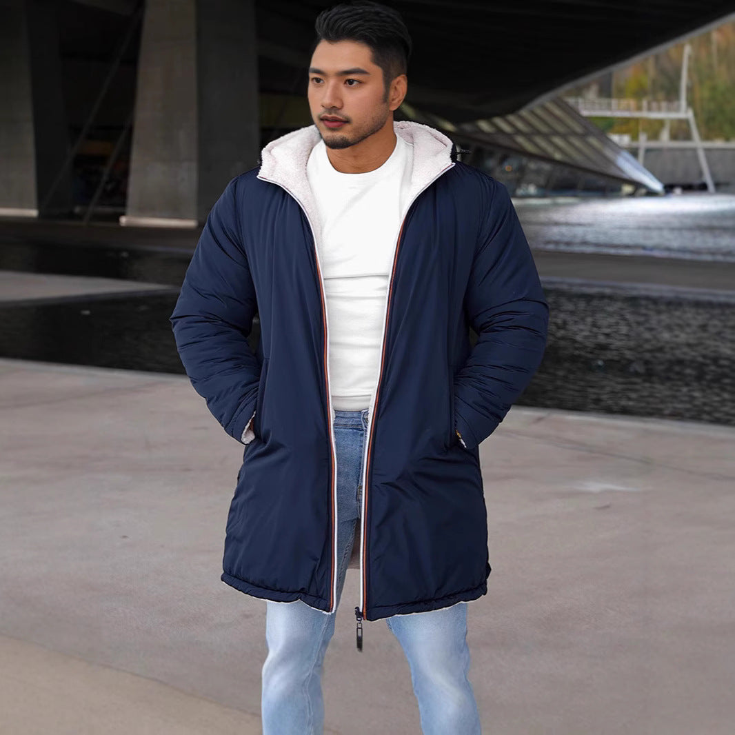 Herren Steppmantel Wendbar Kapuze Taschen Wintermantel Schwarz