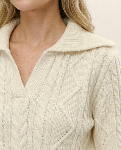Damen Strickpullover Weich Warm Reverskragen Winterweiß