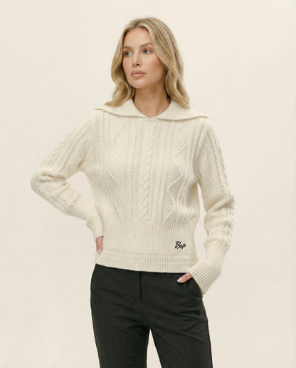 Damen Strickpullover Weich Warm Reverskragen Winterweiß - BerlinGlamour