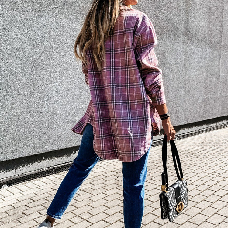 Damen Bluse Jacke Kariert mit Knöpfen Modern