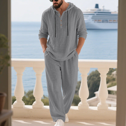 Herren Hoodie Langarm Set Leichter Leinenstoff Bequem