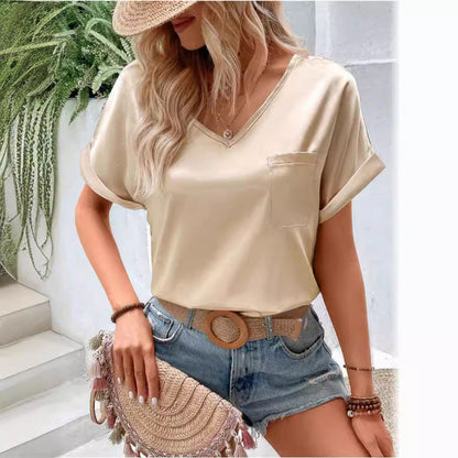 Damen T-Shirt V-Ausschnitt mit Brusttasche Lässig Elegant