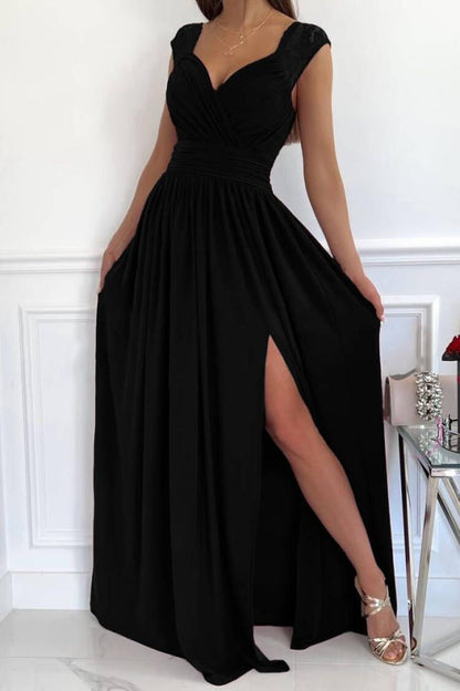 Elegantes Abendkleid Damen V-Ausschnitt Rüschen Schwarz