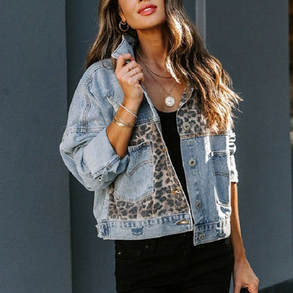 Damen Jeansjacke Leoparden Muster Trendy