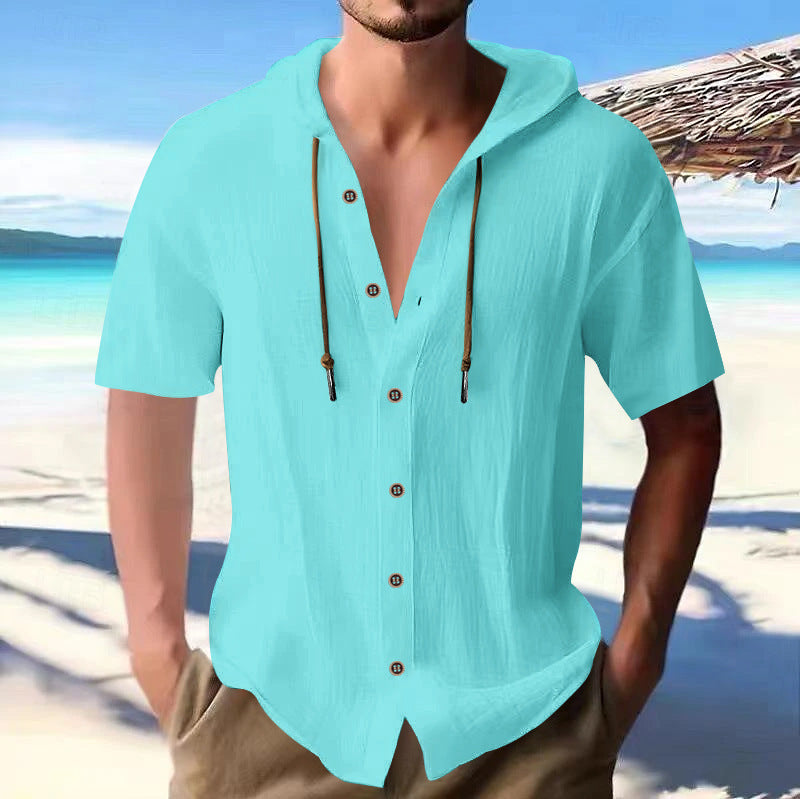 Herren Kapuzen-Hemd Kurzarm Relaxed Fit Holzknöpfe