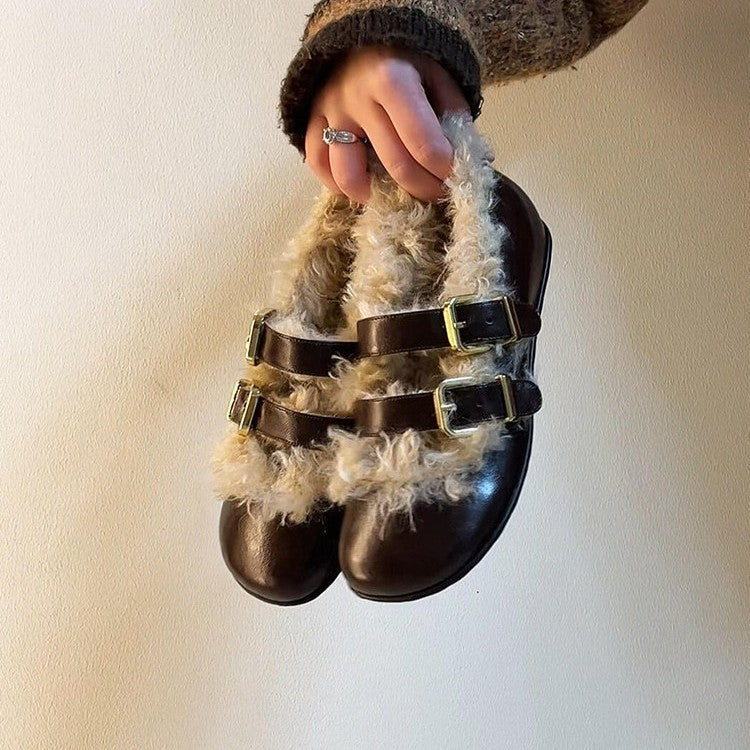 Damen Clogs Kuschelig Kunstfell Schnallen Modisch - BerlinGlamour