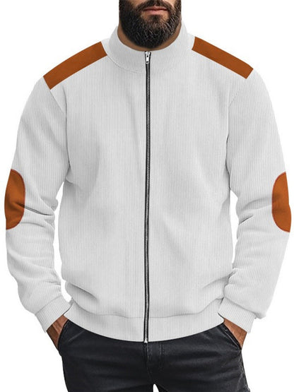 Herren Strickjacke Lederakzente Modern Kragen Hoch