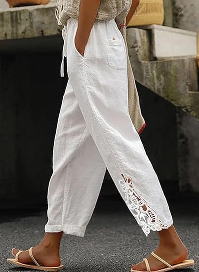 Leinenhose Damen Sommer Leicht Stickerei Modern