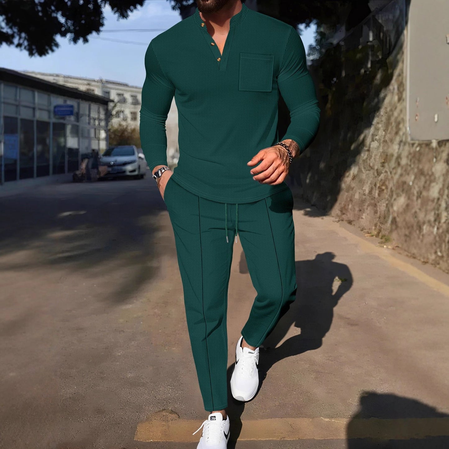 Herren Anzug Modern Stehkragen Knopfleiste Freizeit