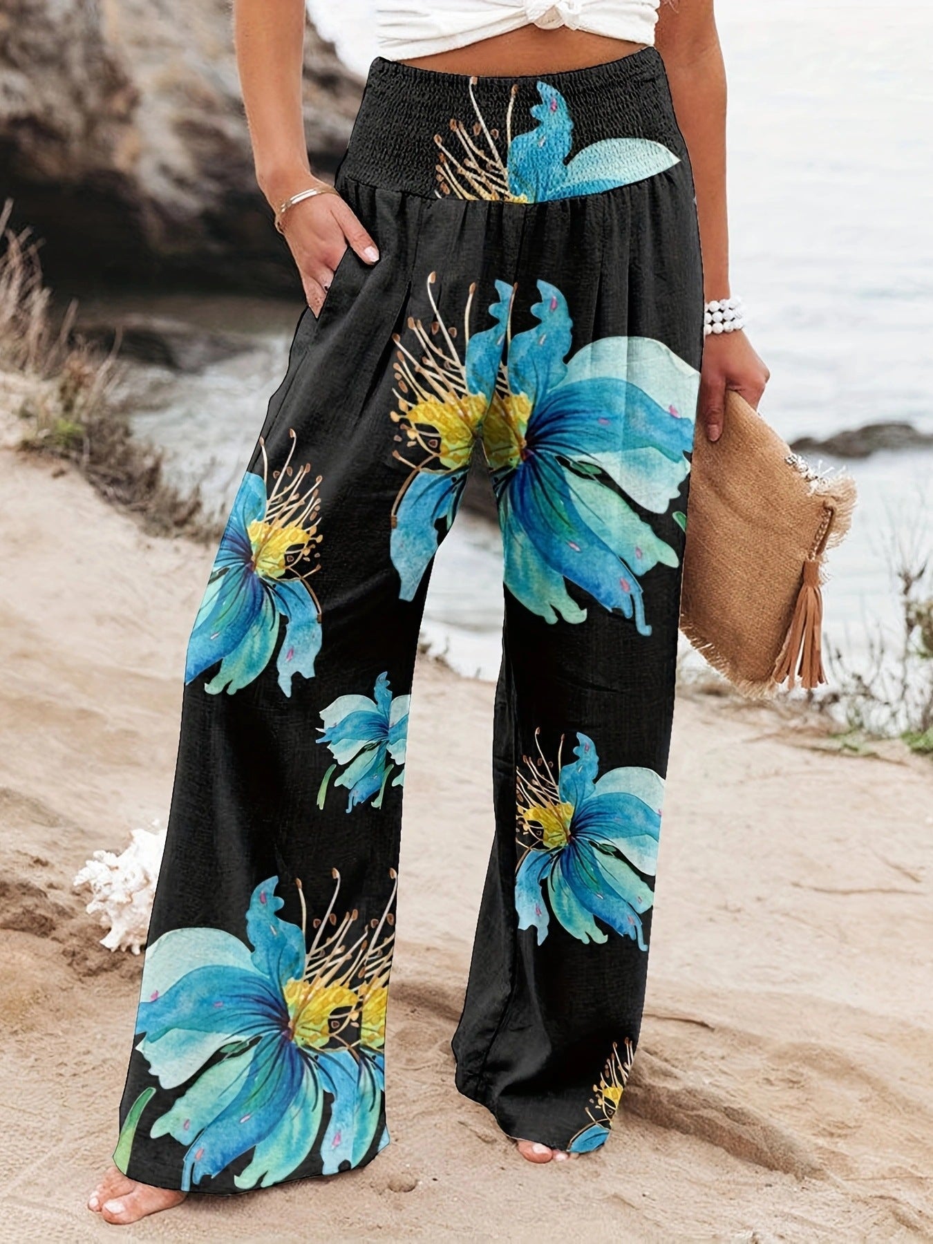 Damen Strandhose Weit Bequem Elastisch Floral
