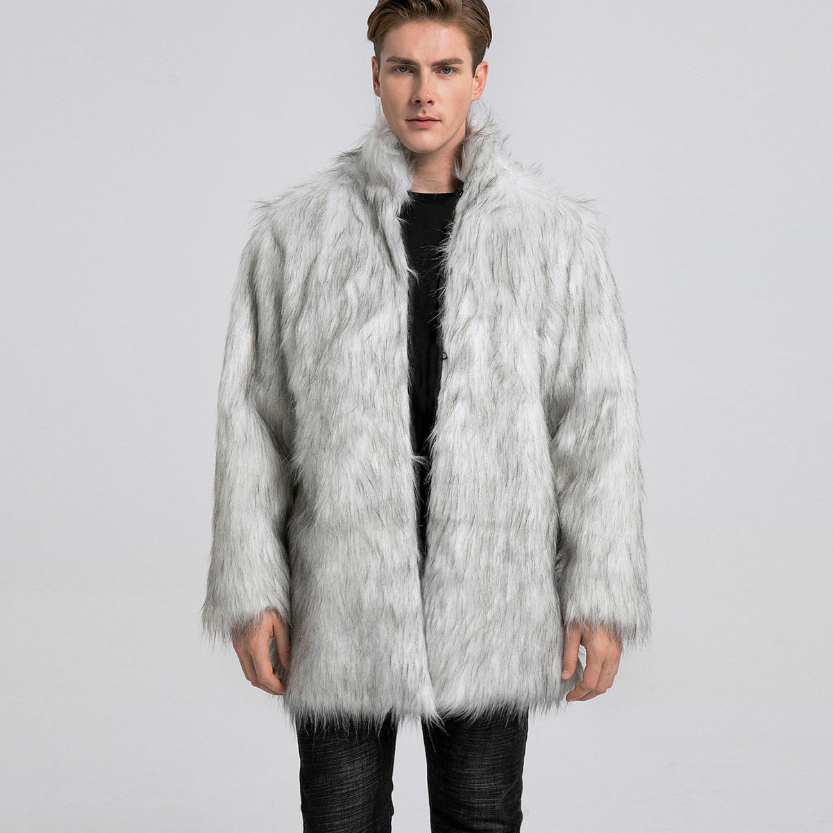 Herren Kunstfellmantel Lang Open Kragen Elegant Schwarz