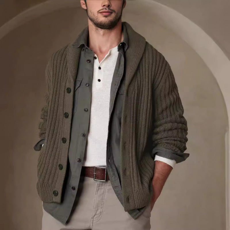Herren Strickjacke Modern Zopfmuster Umlegekragen Klassisch