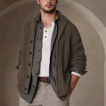 Herren Strickjacke Modern Zopfmuster Umlegekragen Klassisch