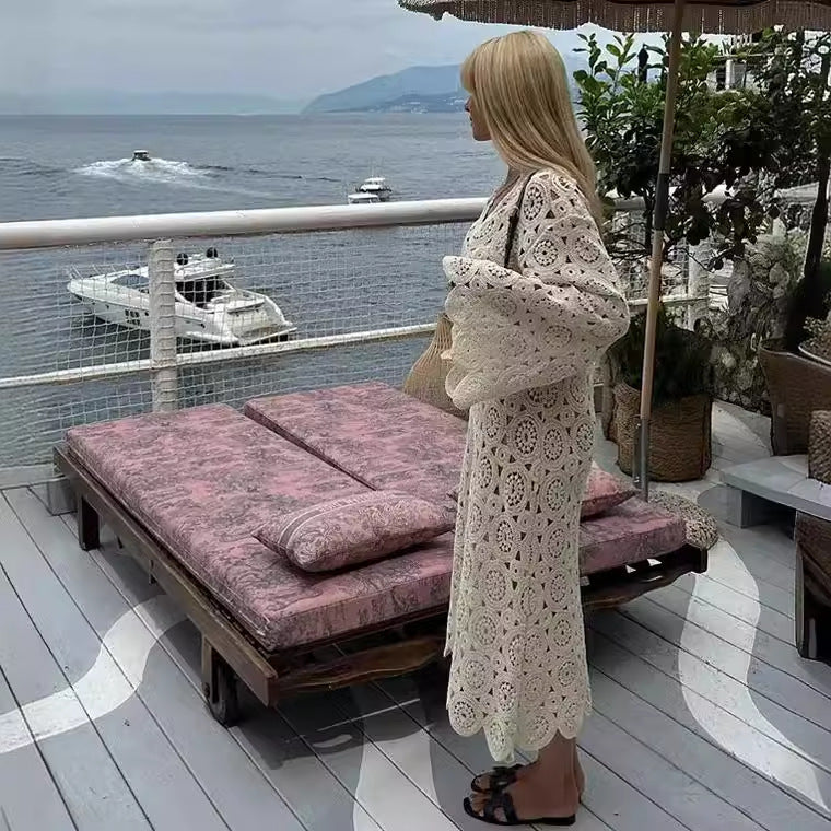 Damen Häkelkleid Luftig mit Weiten Ärmeln Sommerkleid