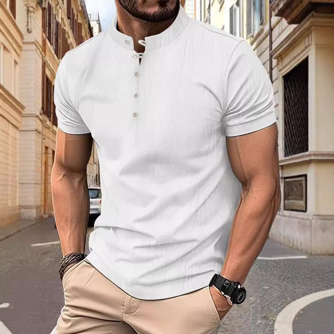 Herren Kurzarmshirt Modern Stehkragen Knopfleiste Elegent