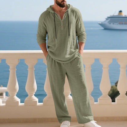 Herren Hoodie Langarm Set Leichter Leinenstoff Bequem