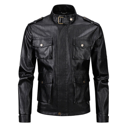 Herren Lederjacke Militärstyle mit Taschen und Hochkragen