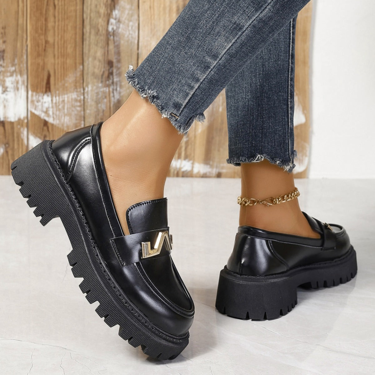 Damen Loafers Robust Schnalle Schuhe Modern