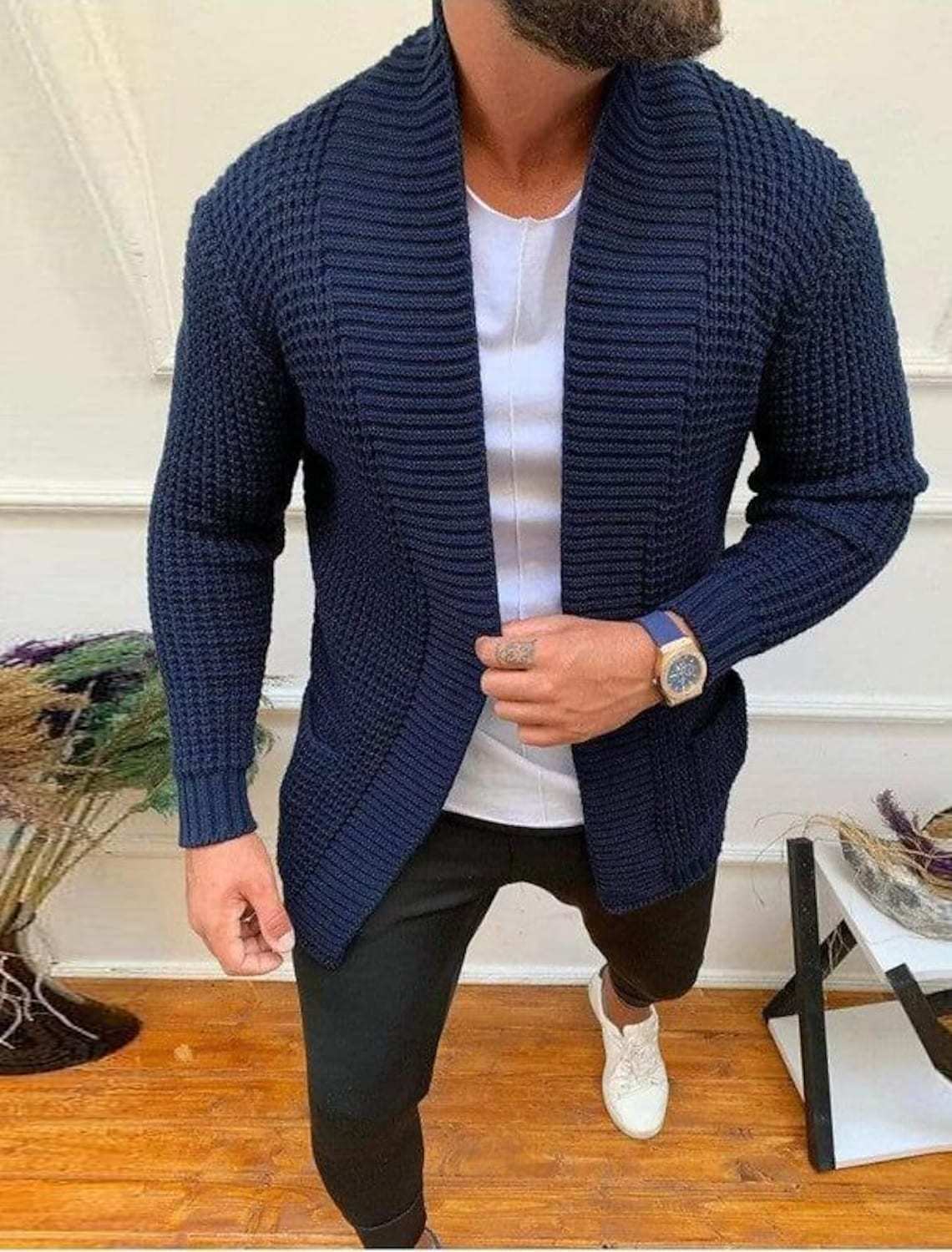 Herren Strickjacke Strukturiert Mit Tiefem Kragen Modern