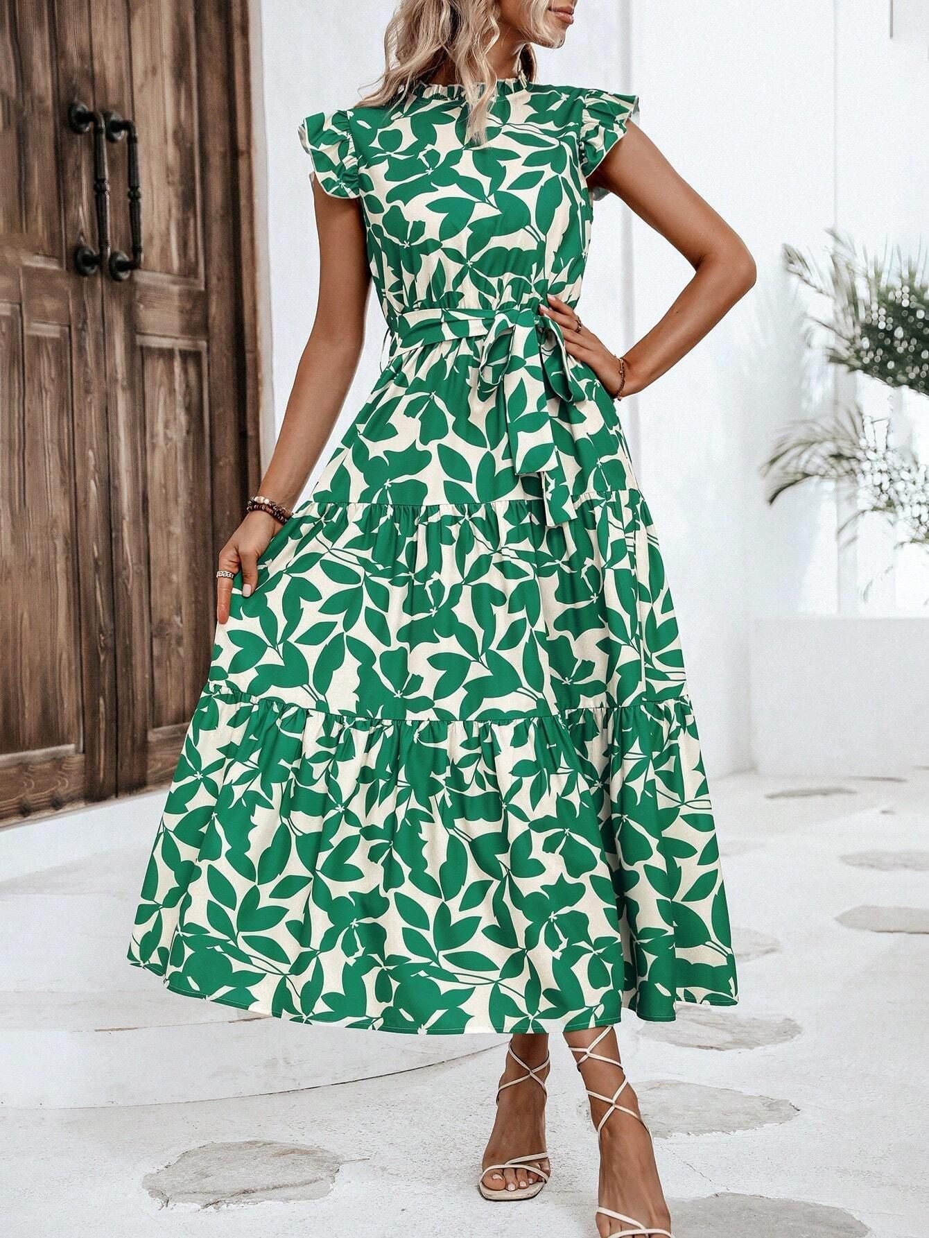 Damen Kleid Midi Lässig mit Rüschen Floral Modern
