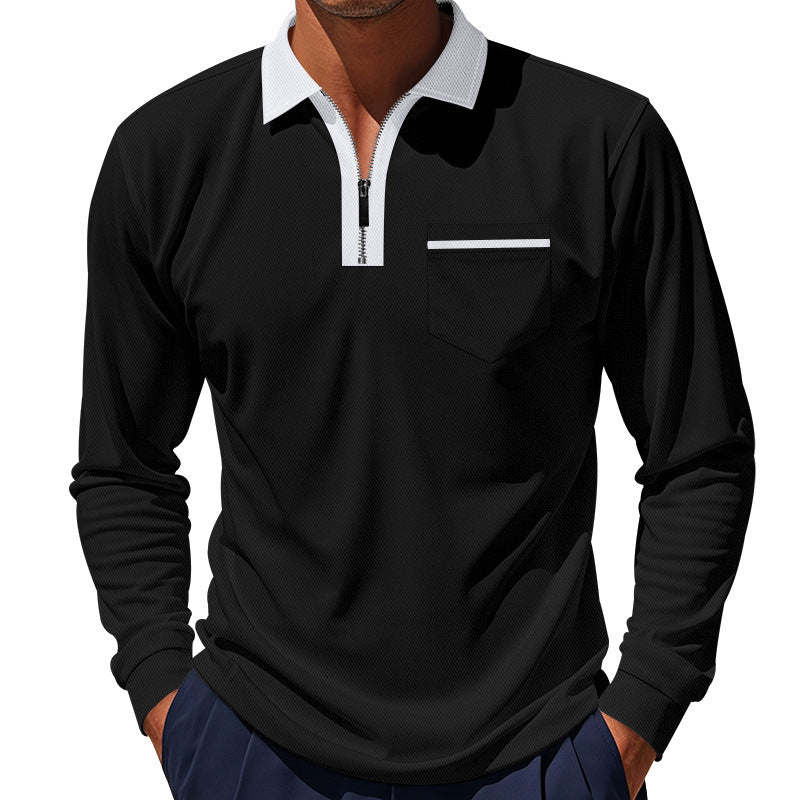 Herren Polo Langarm mit Reißverschluss und Brusttasche Modern