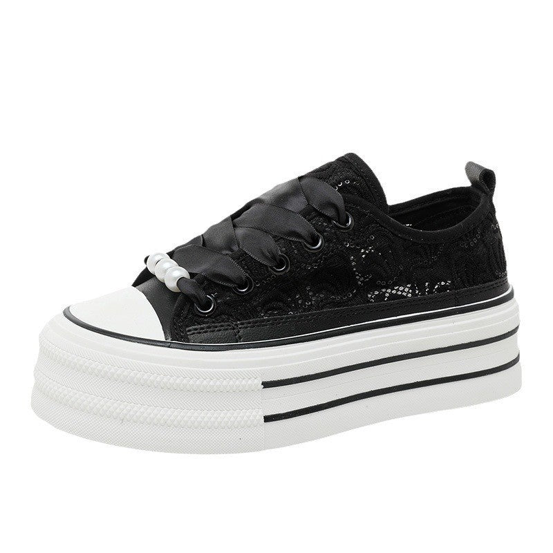 Damen Plateausneaker Elegantes Design Spitze Schwarz - BerlinGlamour