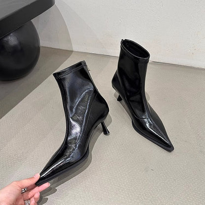 Damen Stiefeletten Spitz Schuhe Glänzend Elegant Schwarz