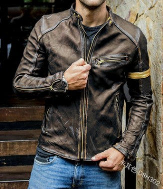 Leder Bikerjacke Herren Steppdetail Schwarz