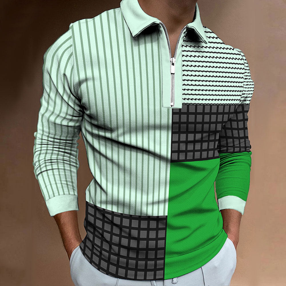 Herren Polohemd Langarm Modern Patchwork Style
