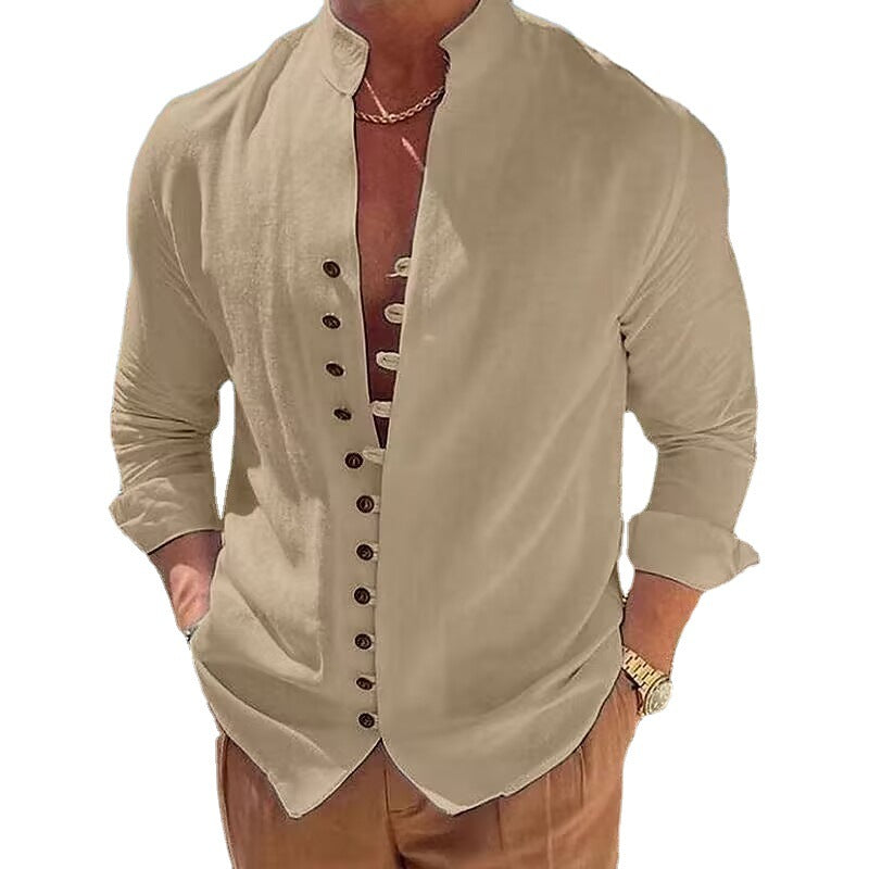 Herren Langarmhemd Modern mit Knopfleiste und Stehkragen