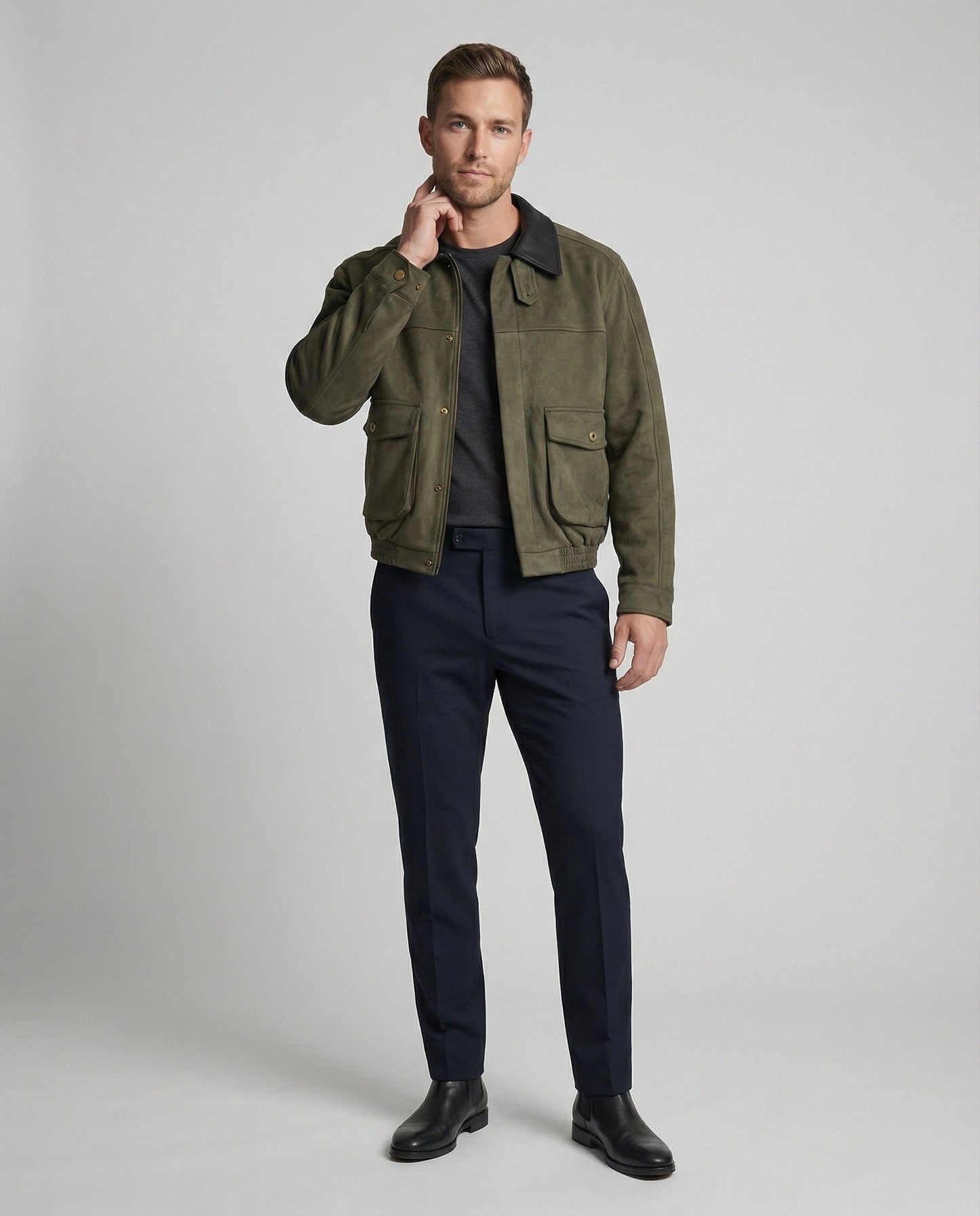 Herren Lederjacke Kastig Moderne mit Kunstlederkragen