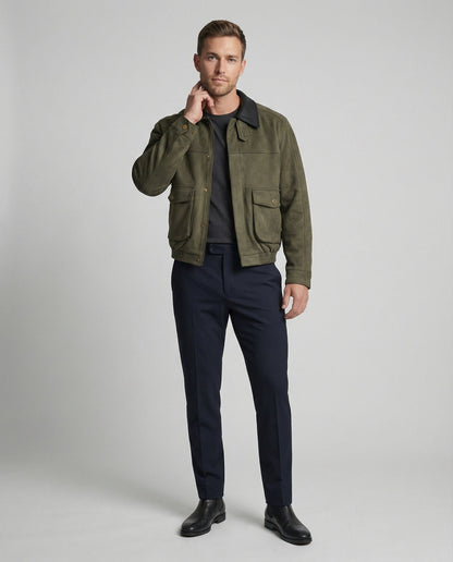Herren Lederjacke Kastig Moderne mit Kunstlederkragen
