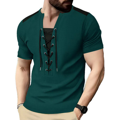Herren T-Shirt Kurzarm Henley atmungsaktiv Schnürdetail