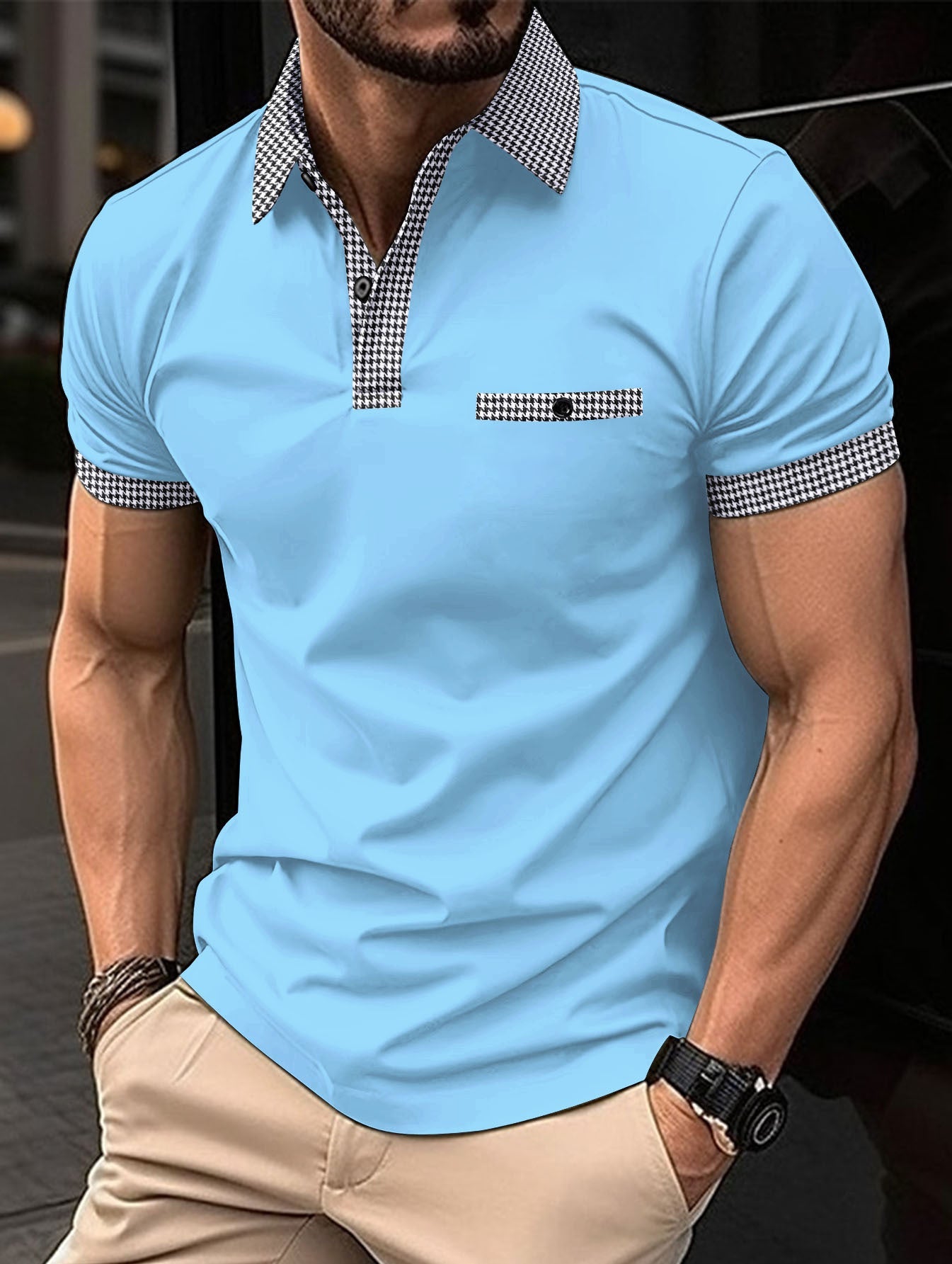 Herren Poloshirt Kariert Modern mit Brusttasche