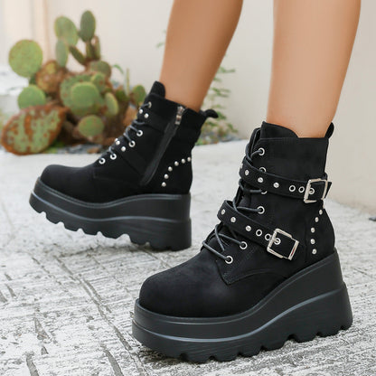 Damen Stiefel Wedge Modisch Schnalle Plateau