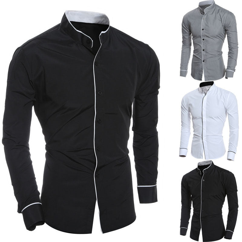 Herren Langarmhemd Modern Stehkragen Kontrastnähte Elegant