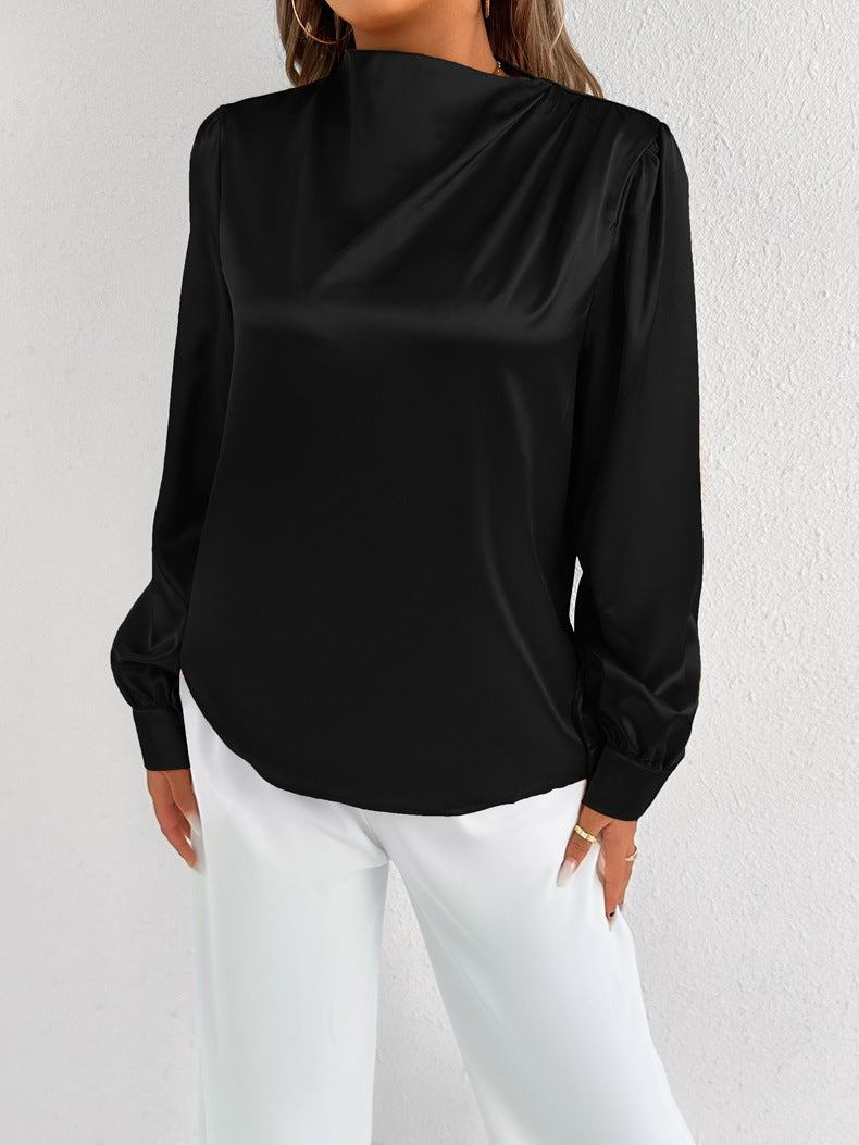 Damen Bluse Satin Modern Stehkragen Elegante Ärmel