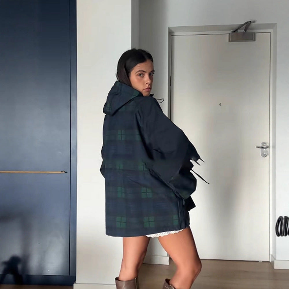 Damen Oversized Jacke Karo Lässig Mit Taschen