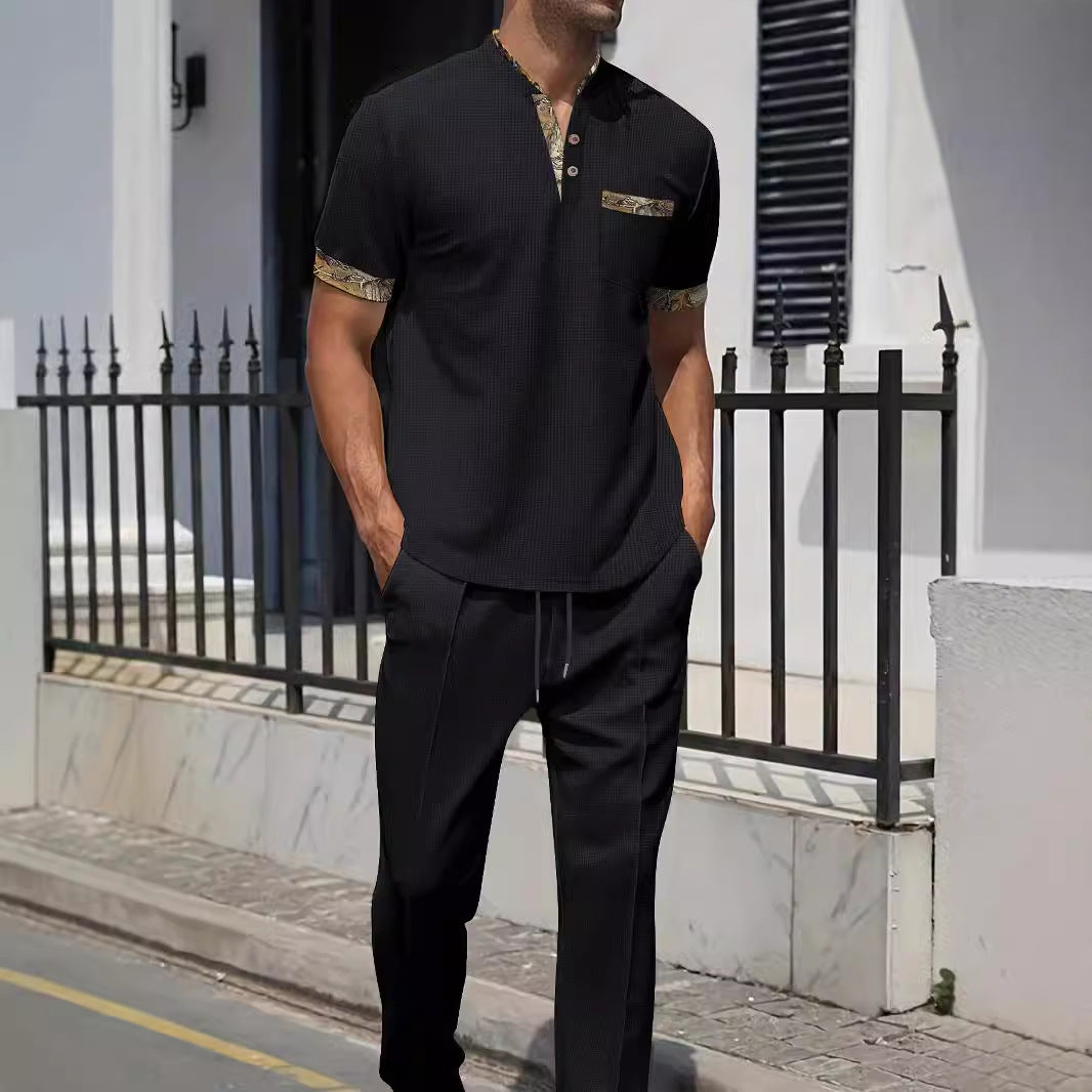 Herren Outfit-Set Modisch mit Struktur-Oberteil und Lederhose