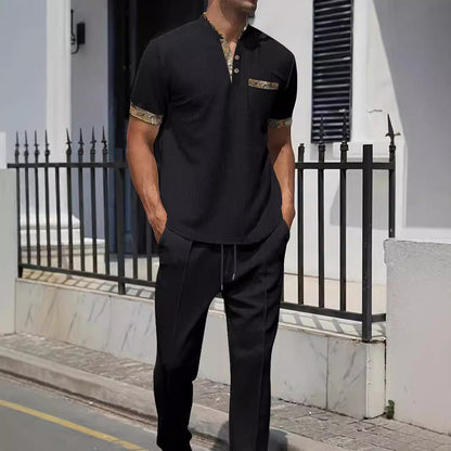 Herren Outfit-Set Modisch mit Struktur-Oberteil und Lederhose