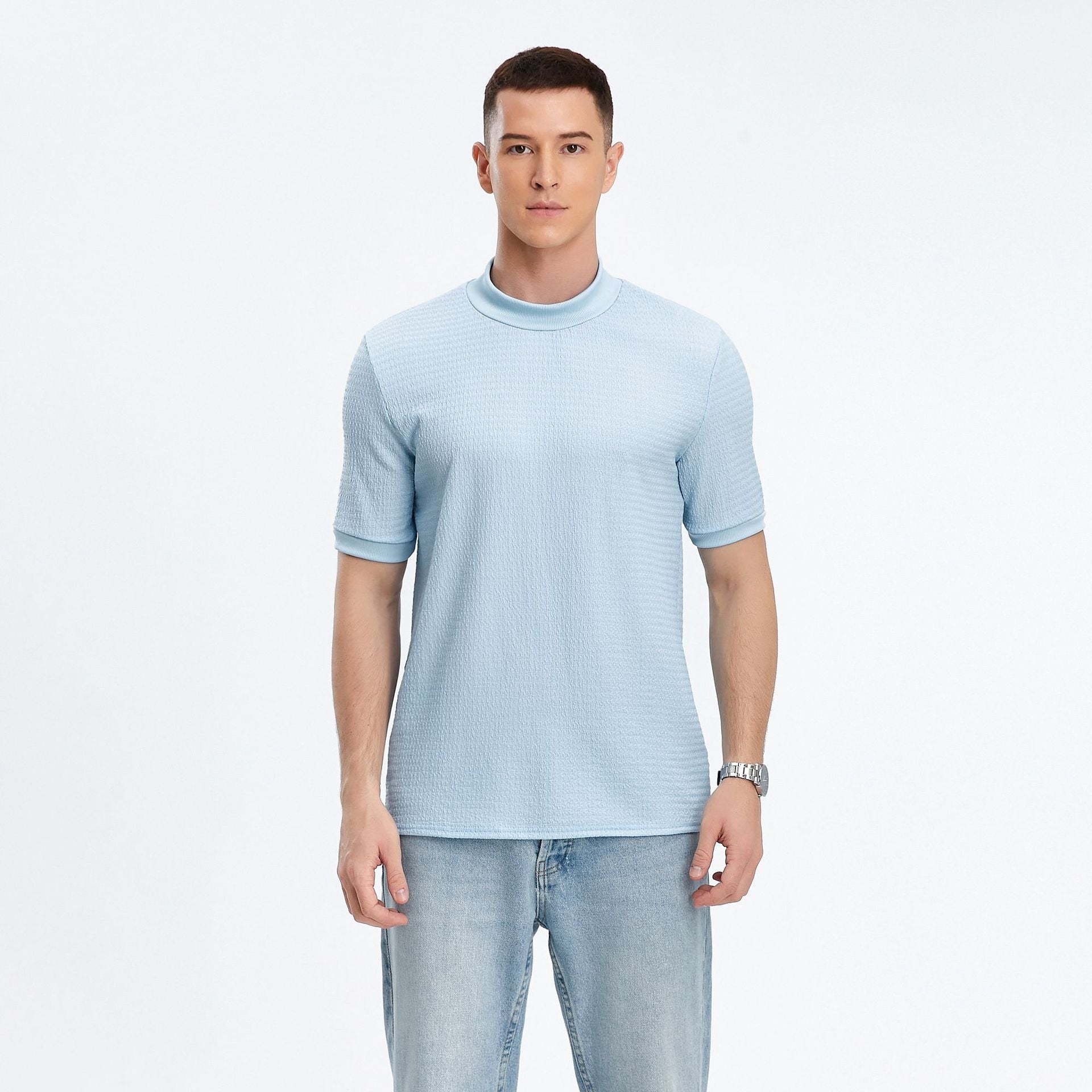 Herren T-Shirt Kurzarm Modern Stehkragen Strukturstoff - BerlinGlamour