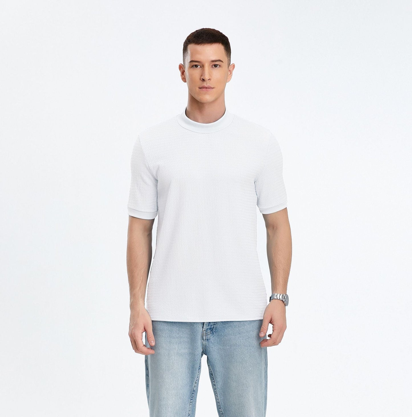 Herren T-Shirt Kurzarm Modern Stehkragen Strukturstoff