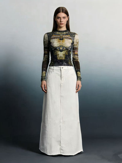 Damen Maxi-Rock Jeans Hochwerder mit Fransen