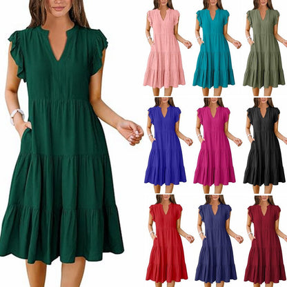 Damen Maxikleid mit Rüschendetails und Taschen Sommerkleid - BerlinGlamour