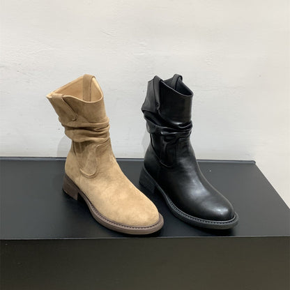Damen Stiefel Bequem Blockabsatz Geraffter Schaft - BerlinGlamour