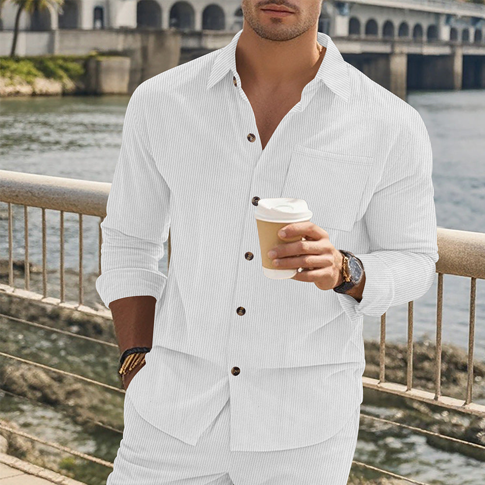 Herren Langarmshirt Streifen Stehkragen mit Brusttasche Modern