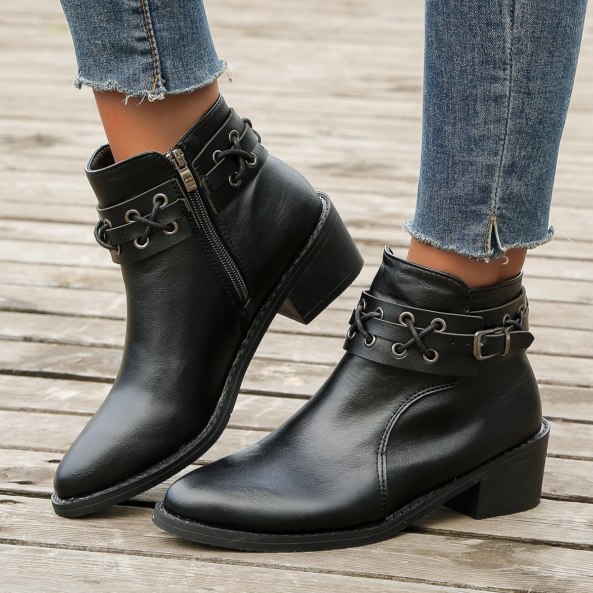 Damen Stiefeletten Schnür-Detail Modisch Schwarz