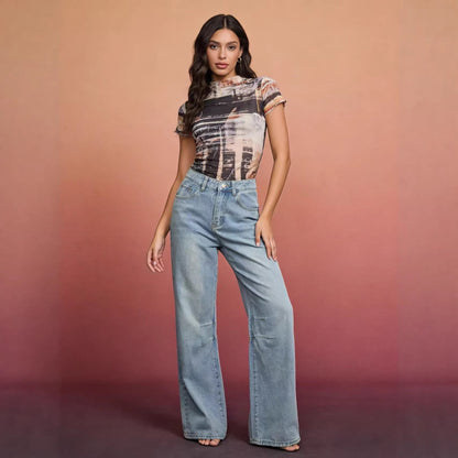 Damen Jeanshose Weit Bequem Mit Nähdetails