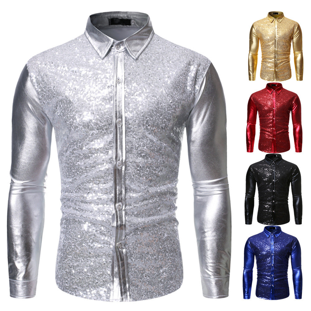 Herren Glitzershirt Paillettenhemd Slim Fit Modern