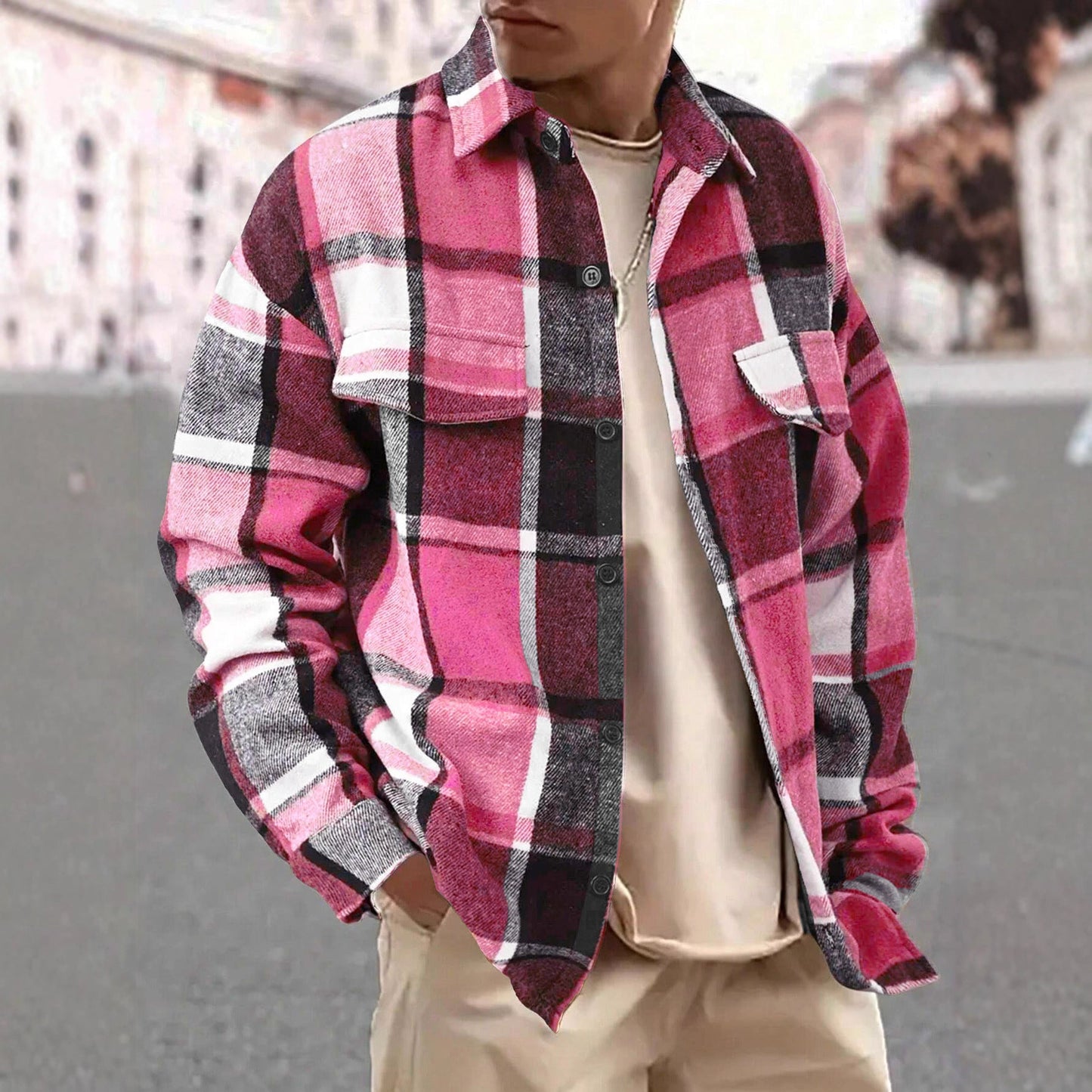 Herren Flanelljacke Kariert Modern mit Brusttaschen